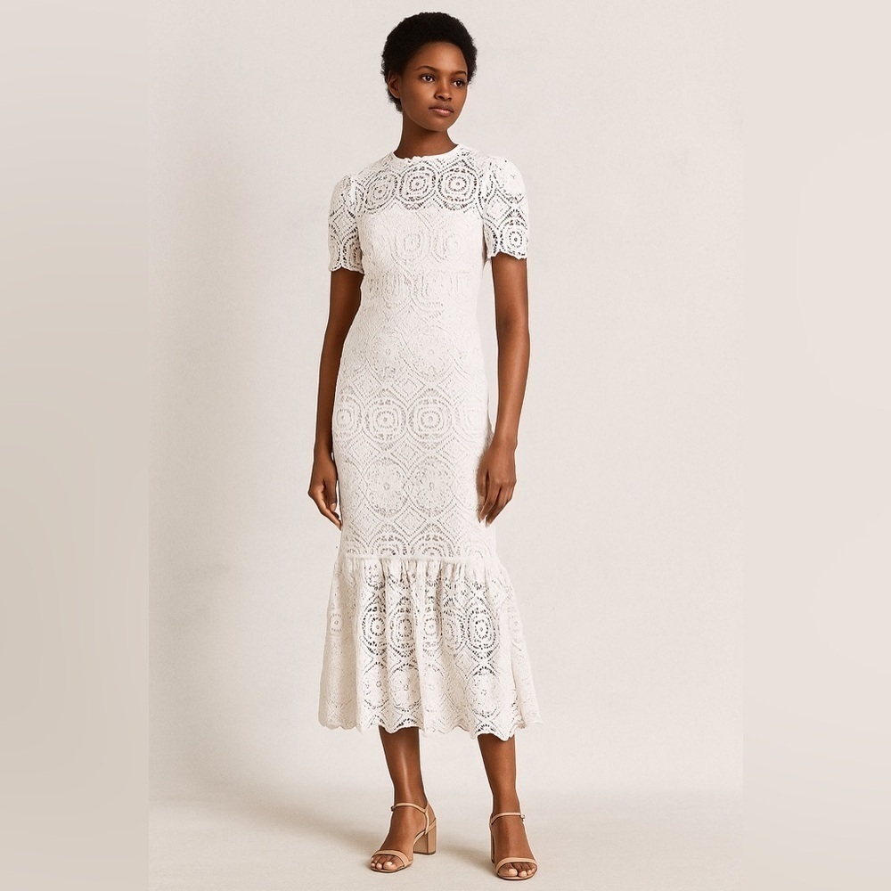 Tanya Taylor white lace short sleeve midi dress